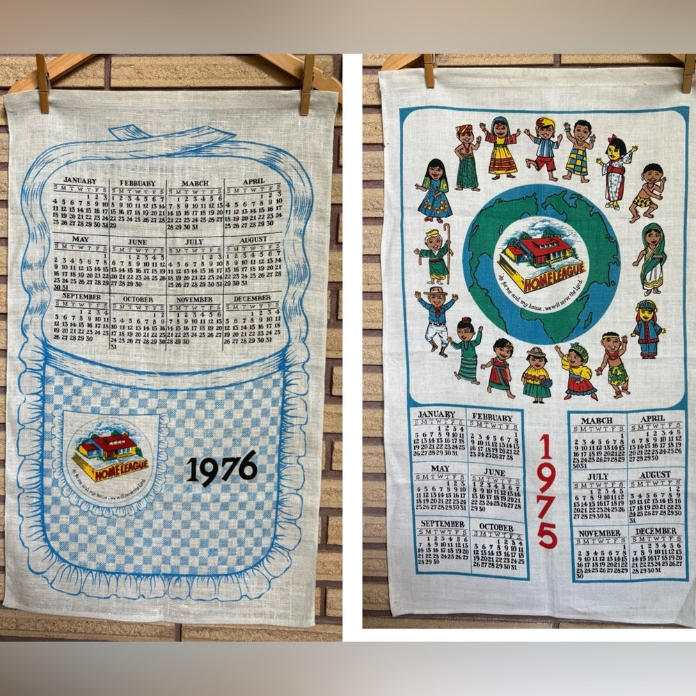 70's Home League Tea Towel Calendars - 1975 - 1976 - Religious Wall Hangings